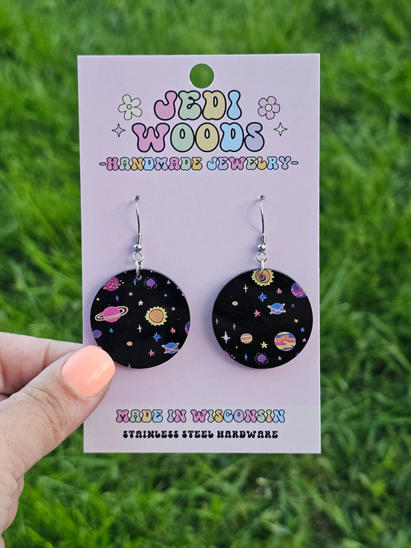 Black Galaxy Planets and Stars Medallion Earrings