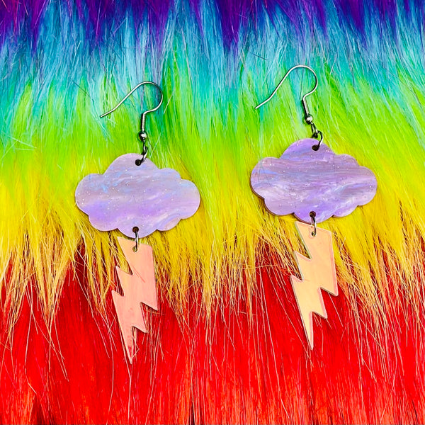 Purple Cloud and Iridescent Lightning Bolt Acrylic Earrings