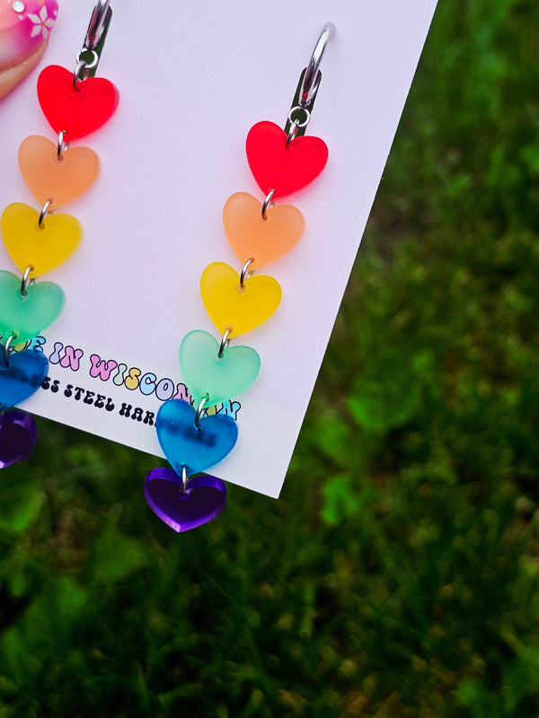 Rainbow Heart Drop Earrings with Gauge Friendly Hardware