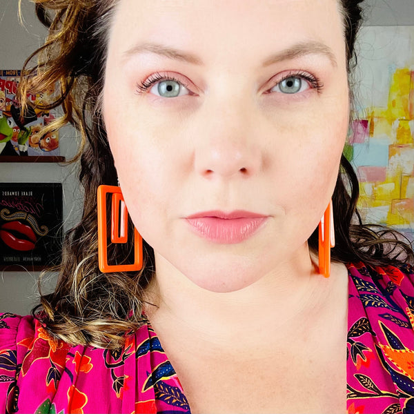 Orange Double Rectangle Geometric Earrings