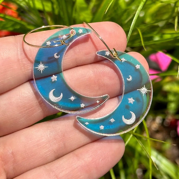 Iridescent Acrylic Celestial Moon Hoop Earrings
