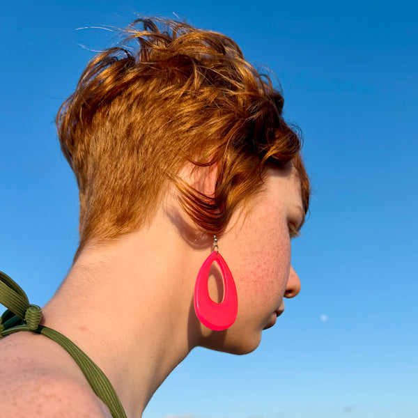 Neon Pink Translucent Teardrop Earrings