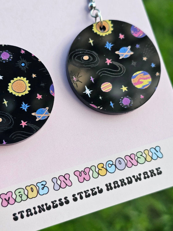 Black Galaxy Planets and Stars Medallion Earrings