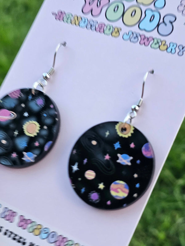 Black Galaxy Planets and Stars Medallion Earrings