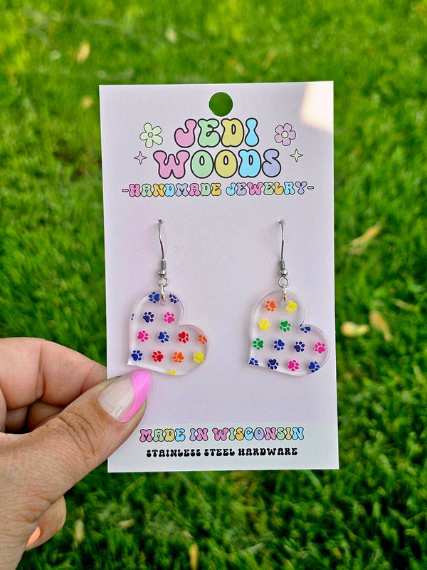 Rainbow Paw Print Heart Acrylic Earrings