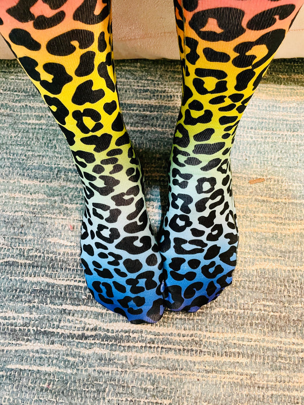 Neon Rainbow Leopard Crew Socks