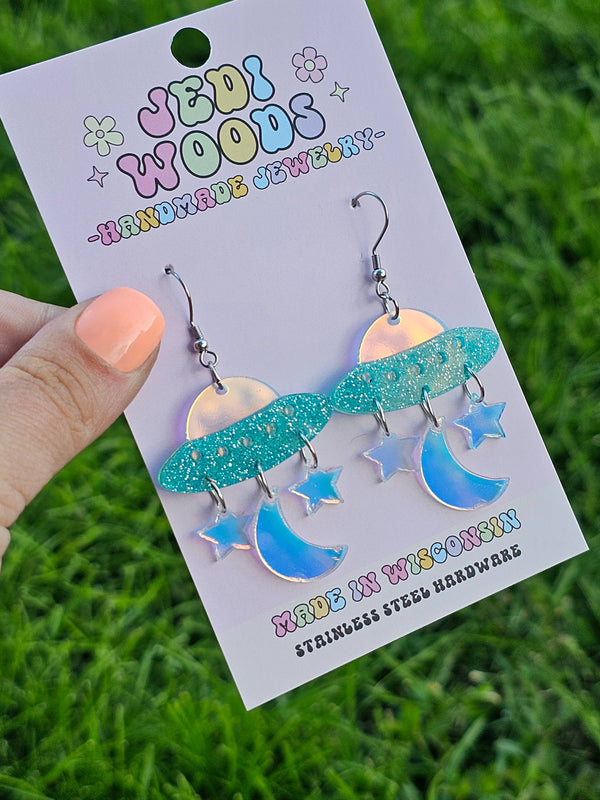 Iridescent Space Ship and Stars Earrings
