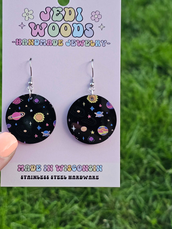 Black Galaxy Planets and Stars Medallion Earrings