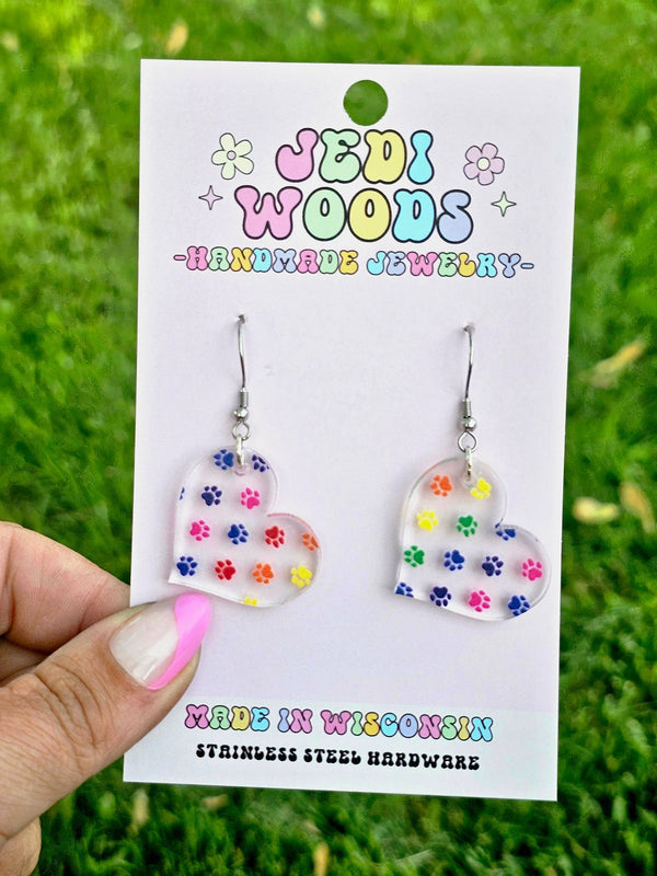 Rainbow Paw Print Heart Acrylic Earrings