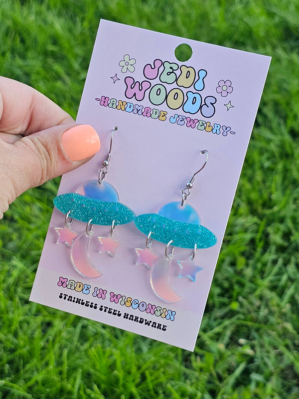Iridescent Space Ship and Stars Earrings