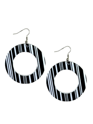 Black/White Mod Striped Print Earrings - Circle Cut-out