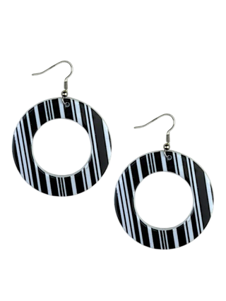 Black/White Mod Striped Print Earrings - Circle Cut-out