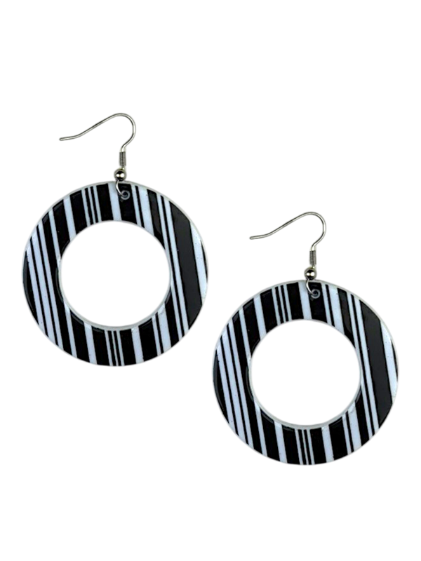 Black/White Mod Striped Print Earrings - Circle Cut-out