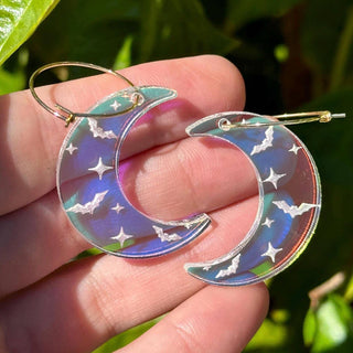 Iridescent Bat Moon Acrylic Hoop Earrings