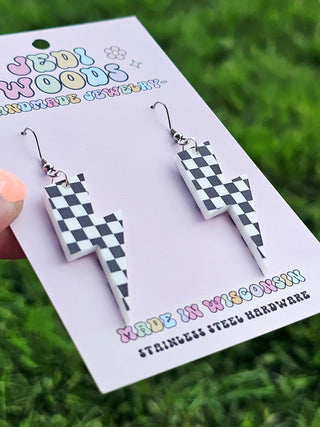 Black/White Checkered Acrylic Lightning Bolt Earrings