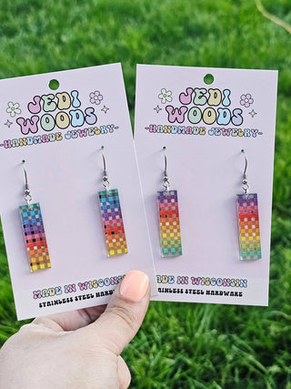Rainbow Plaid Mirror Bar Earrings