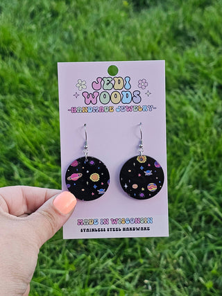 Black Galaxy Planets and Stars Medallion Earrings
