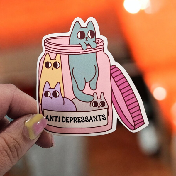Jar of Anti-Depressant Cats Vinyl Sticker