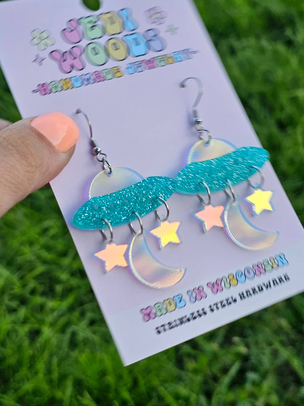 Iridescent Space Ship and Stars Earrings