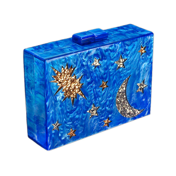 blue marble gold glitter moon and star acrylic clutch