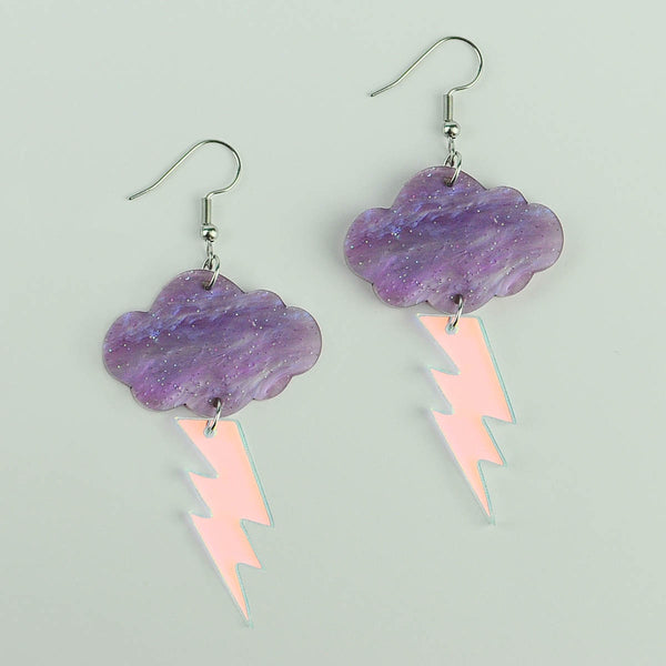 Purple Cloud and Iridescent Lightning Bolt Acrylic Earrings