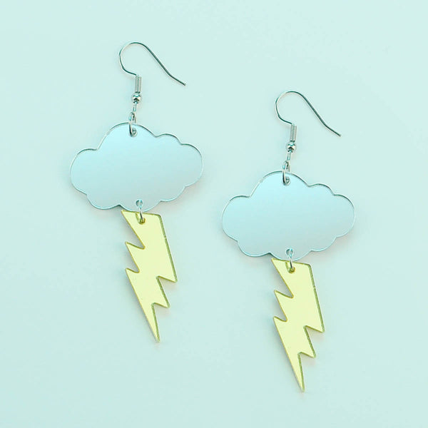 Silver Cloud and Gold Lightning Bolt Acrylic Earrings