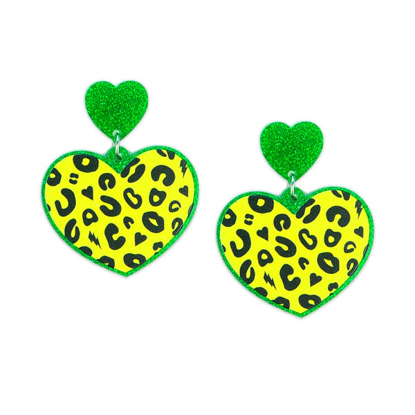 Electric Yellow Leopard Print Heart Acrylic Earrings