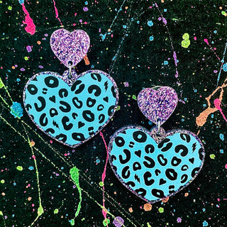 Blue Electric Leopard Print Heart Acrylic Earrings