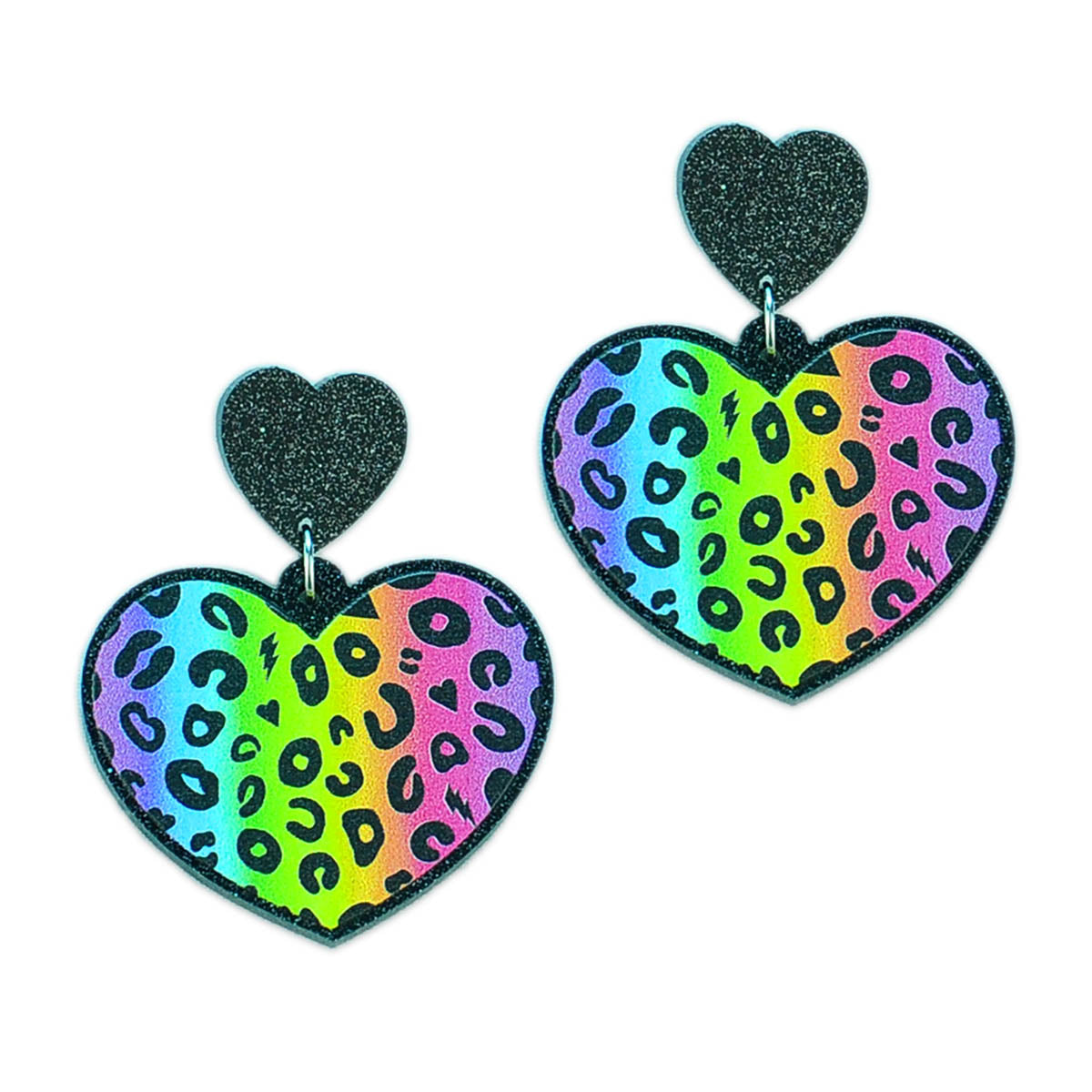 Rainbow Electric Leopard Print Heart Acrylic Earrings | Betsy Dare