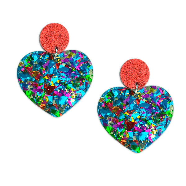 Rainbow Metallic Confetti Heart Acrylic Earrings