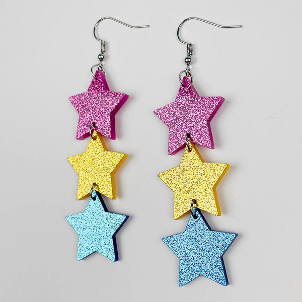 Glitter Star Trio Earrings in Pansexual Pride