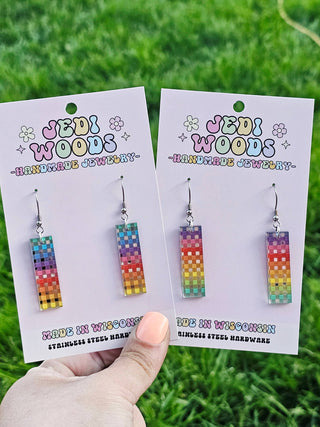Rainbow Plaid Mirror Bar Earrings