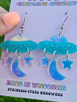 Iridescent Space Ship and Stars Earrings