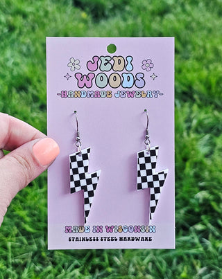 Black/White Checkered Acrylic Lightning Bolt Earrings