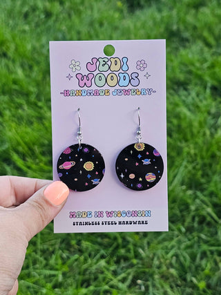 Black Galaxy Planets and Stars Medallion Earrings