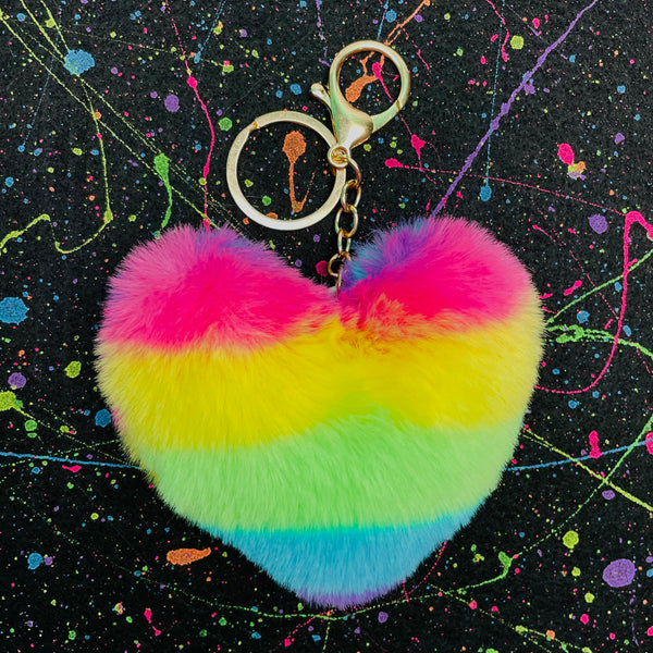 Neon Rainbow Plush Heart Keychain
