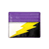 Cardholder with purple top section, white middle section, and black bottom section featuring a yellow lightning bolt on a white background.
