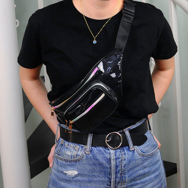 black patent pleather fanny pack