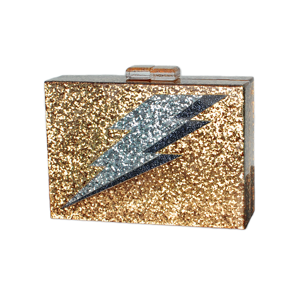 gold glitter lightning bolt clutch