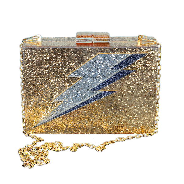 gold glitter lightning bolt clutch