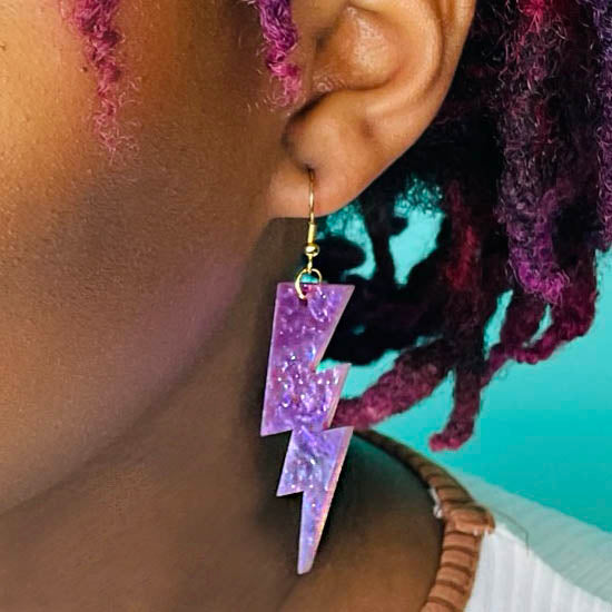 Purple Galactic Swirl Acrylic Lightning Bolt Earrings