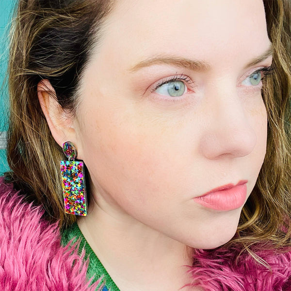Rainbow Confetti Geometric Rectangle Earrings