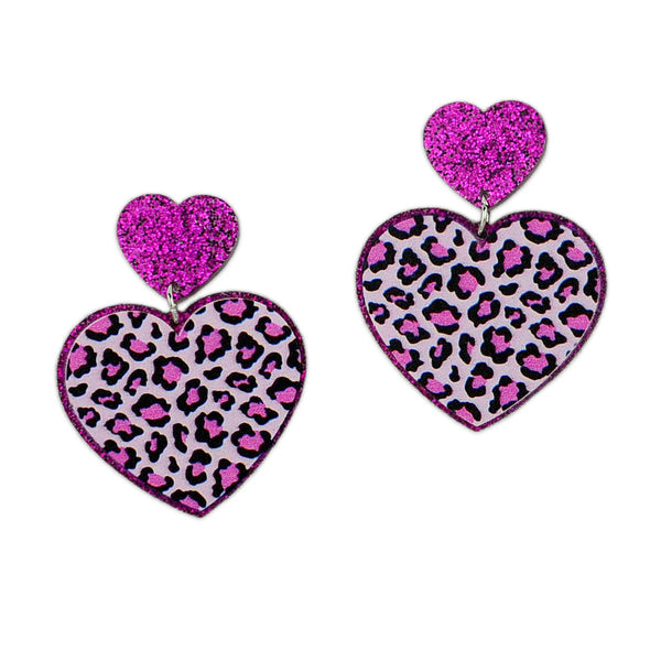 Pink Glitter Leopard Print Heart Acrylic Earrings