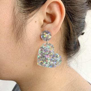 Iridescent Silver Confetti Heart Earrings