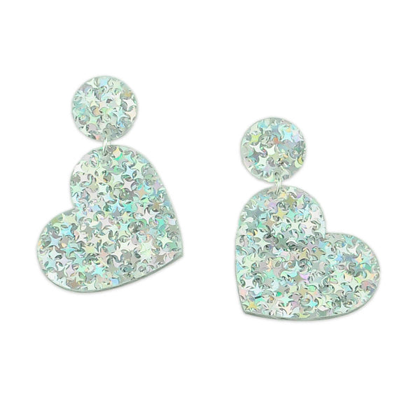 Iridescent Silver Confetti Heart Earrings