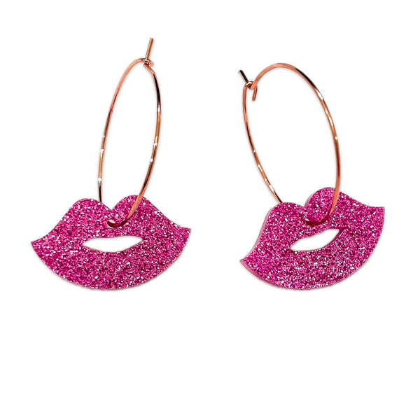 Pink Glitter Lips Hoop Earrings