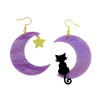 purple crescent moon black cat earrings