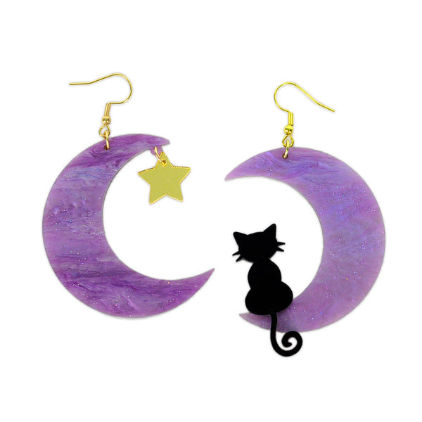 purple crescent moon black cat earrings
