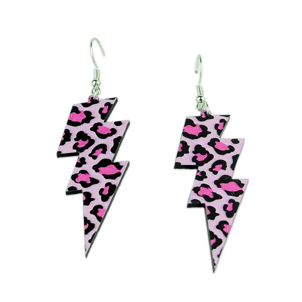 Pink Leopard Print Lightning Bolt Earrings