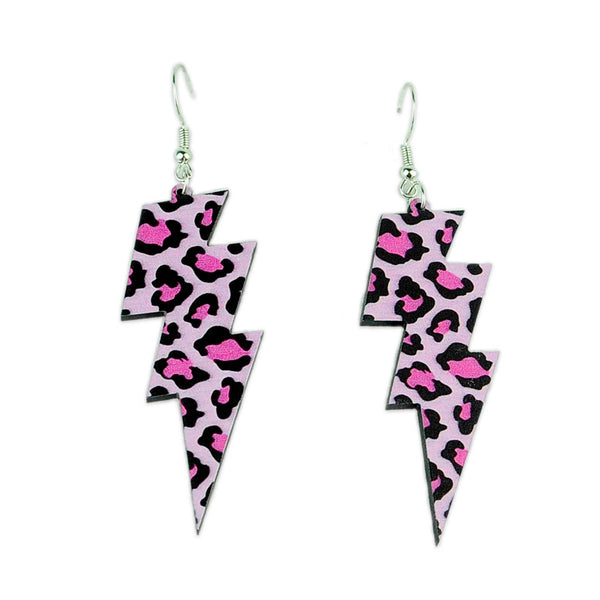 Pink Leopard Print Lightning Bolt Earrings